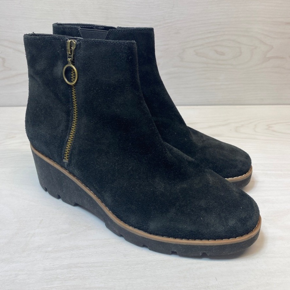 Vionic Womens 9 Hazal Ankle Boot Wedge Black‎ Suede Zip Lug Sole Comfort Bootie